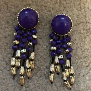 Purple Earrings with round top and long beads, Pierced, Statement Piece.